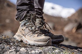A closeup side profile of a Salomon hiking boot